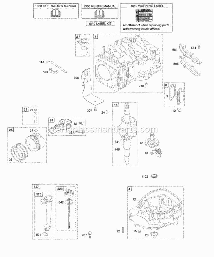 Camshaft Crankshaft Cylinder Engine Sump Lubrication Piston Group Diagram and Parts List for 12S502-0993-B1  Briggs and Stratton Engine